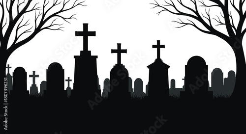 Graveyard silhouettes, tombstone scene, black vector, spooky trees, Halloween theme, mourning design, gothic art, minimal style, eerie landscape, graphic set