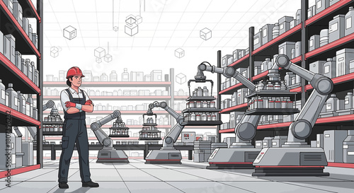 Automated warehouse with robotic arms handling inventory and supervisor overseeing the process