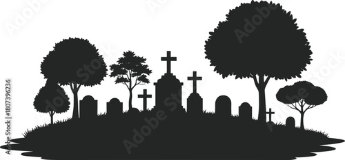 Graveyard silhouettes, cemetery scene, black vector, tombstones and trees, mourning design, Halloween theme, gothic art, minimal style, graphic set