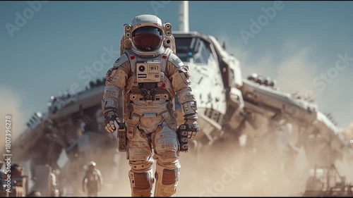 Astronaut walking towards camera as spaceship lands on dusty martian terrain in epic sci-fi adventure