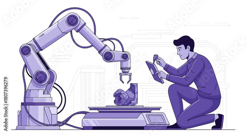Automation engineer overseeing 3D printing process with robotic arm precision execution