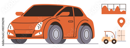 Orange compact car, location pin, forklift with boxes, and graph chart. Ideal for logistics, delivery, transportation, travel planning technology mobility concepts. Clean and simple flat metaphor