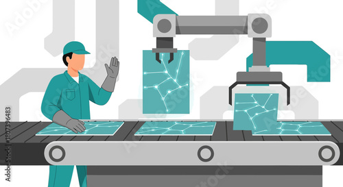 Automation in Manufacturing: Worker Overseeing Robotic Arm Assembly Line with Networked Components