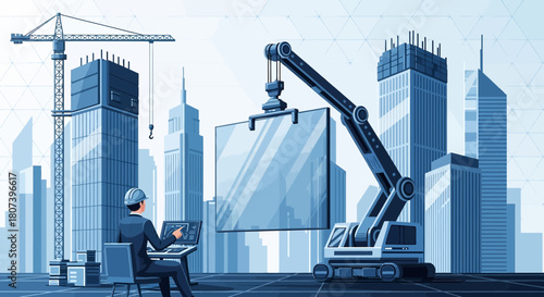 Blueprint vision: Architect supervising modular construction with automated crane in cityscape