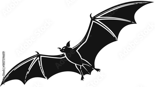 "A stark, high-contrast photograph or render of a black silhouette of a bat in flight. The bat is viewed from the front, with its large, membranous wings fully extended horizontally, creating a wide, 