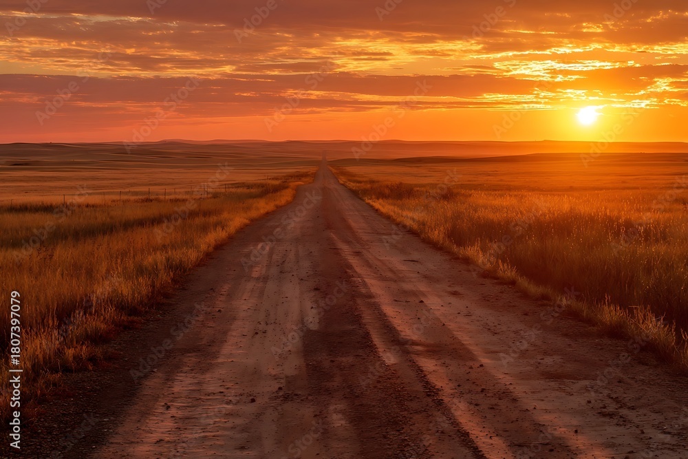 Fototapeta premium Vast open landscape with a dirt road leading to a vibrant sunset