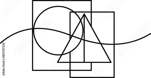 Geometric shape composition, abstract line design, overlapping squares and circle, triangle intersection art, black and white minimal graphic, spatial balance.