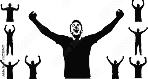 Victory celebration silhouette, triumphant pose, group unity, cheering people, success concept, motivational energy, achievement moment, leadership inspiration, teamwork spirit, expressive gesture