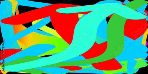 A vibrant and chaotic abstract digital painting with overlapping, brightly colored fluid shapes on a black background.