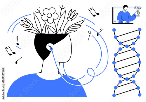 Person listening to music with flowers growing from the head, DNA helix nearby, and a virtual session on a screen. Ideal for creativity, innovation, neuroscience, music therapy, education, mental