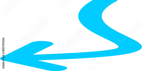 A hand-drawn, curvy cyan arrow pointing to the left on a plain white background.