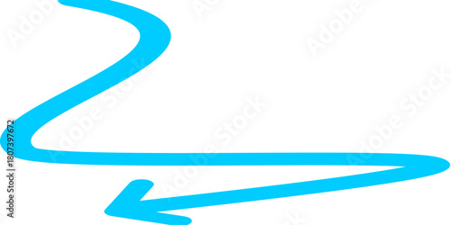 A hand-drawn, winding light blue arrow with a complex path, pointing to the left on a plain white background.