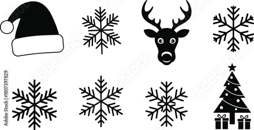 Christmas icons set, Santa hat, snowflakes, reindeer head, decorated tree, gift boxes, festive symbols, winter holiday, black and white, silhouette, seasonal vector illustration