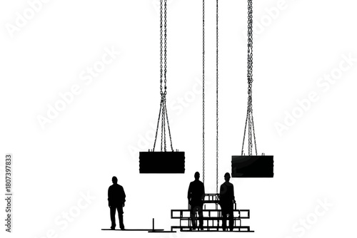 Dark silhouette illustration of construction site with suspended chains and load