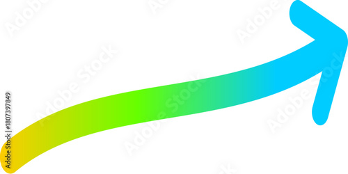 A vibrant, hand-drawn arrow with a yellow, green, and blue gradient pointing right on a white background.