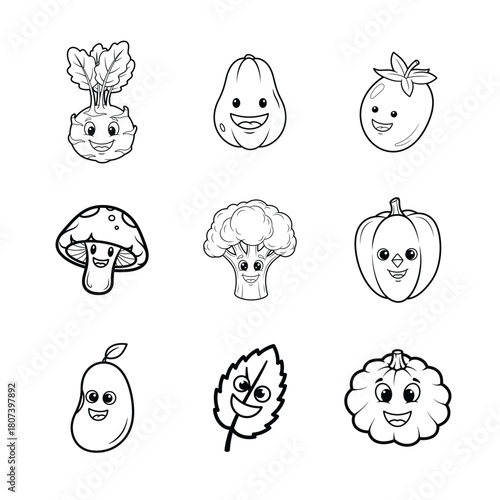 Collection of nine hand drawn cartoon vegetables and fruits with faces