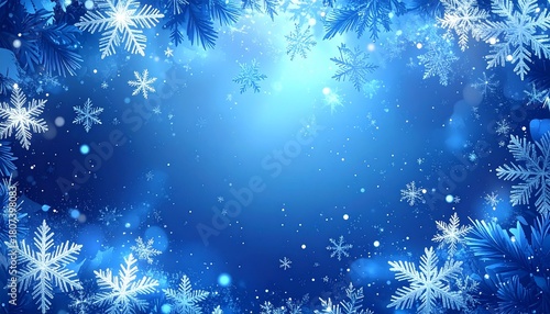 Marco decorativo azul de copos de nieve blancos alrededor de todo el borde, con diferentes tamaños y diseños, creando un efecto helado y festivo. Pequeñas partículas de nieve dispersas por el fondo.