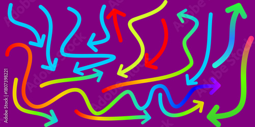 A vibrant collection of colorful, hand-drawn, squiggly arrows pointing in multiple directions on a purple background.