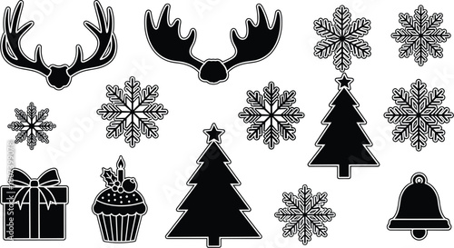 Christmas silhouette icons, snowflakes, antlers, trees, gift box, cupcake, bell ornament, festive black and white holiday elements for winter decoration, greeting card design