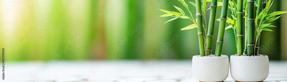 Obraz premium Green Bamboo Stalks in White Pots, Zen Garden, Indoor Plants