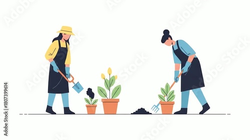 Two Women Gardening and Planting Plants in Pots.