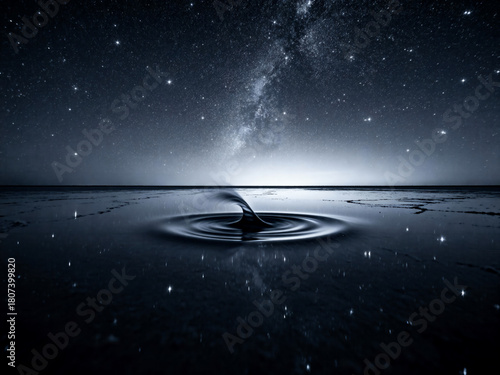 Cosmic Water Vortex Under Starry Night Sky on Still Reflective Shoreline  
