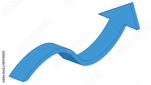 "A minimalist, high-quality 3D render of a single smooth, matte blue arrow curving dynamically upwards and to the right. The arrow begins with a subtle wave or curve from the left, then sweeps gracefu