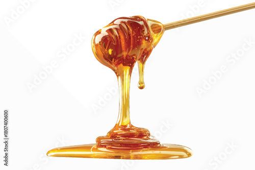 Golden Honey's Sweet Cascade: A close-up showcases the luscious flow of golden honey cascading from a wooden dipper, inviting a taste of nature's sweet delight.