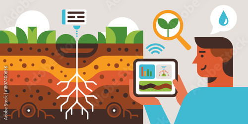 farmer analyzing soil health data on a tablet, vector illustration for smart farming, soil health monitoring, and precision agriculture