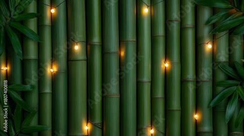 Luminous Bamboo Green Stalks and Fairy Lights with Foliage Accents, Zen , Nature