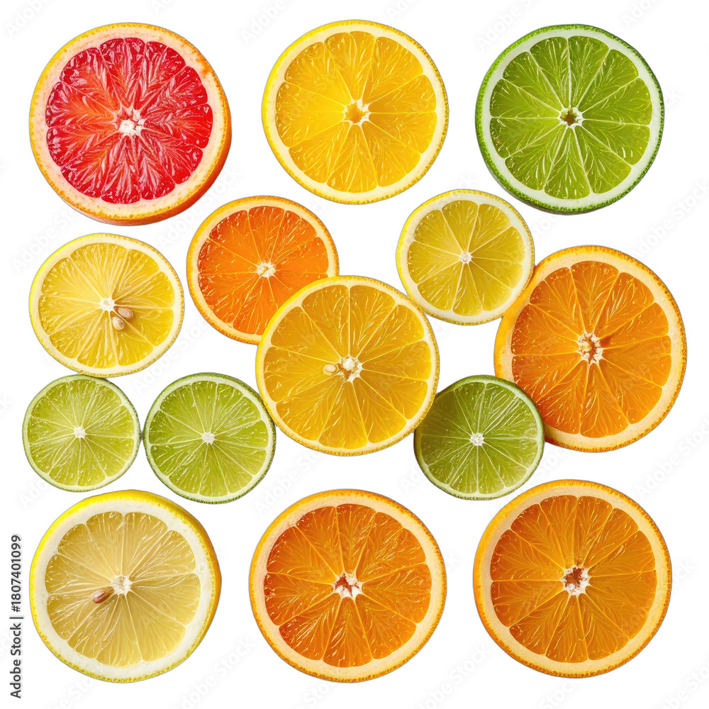 Obraz premium An overhead view of various citrus fruit slices against a black background.