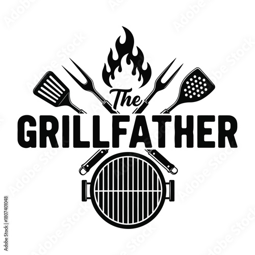 The Grillfather BBQ Emblem with Grill, Flames, and Cooking Utensils