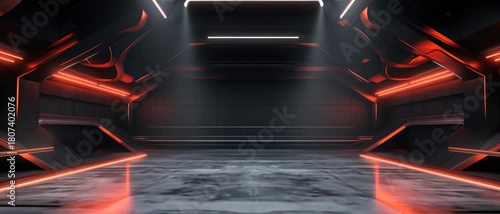 Futuristic dark room, panorama of studio stage with neon lighting, modern showroom interior, concept of warehouse, hall, garage