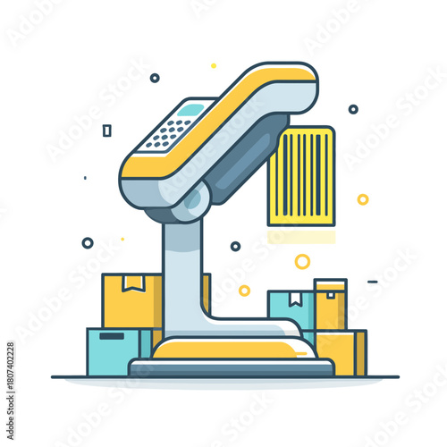 A vector image of a barcode scanner in front of boxes