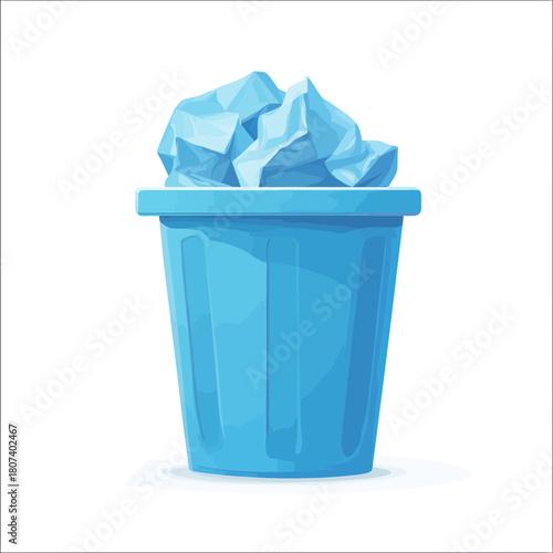 Blue Trash Can Filled With Crumpled Paper on White