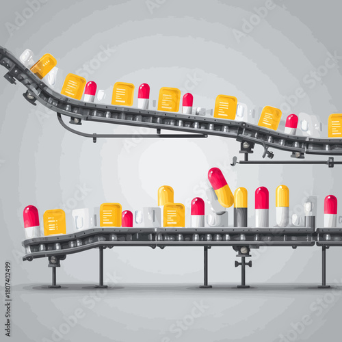 Cartoon Illustration of Pharmaceutical Production on Conveyor Belts