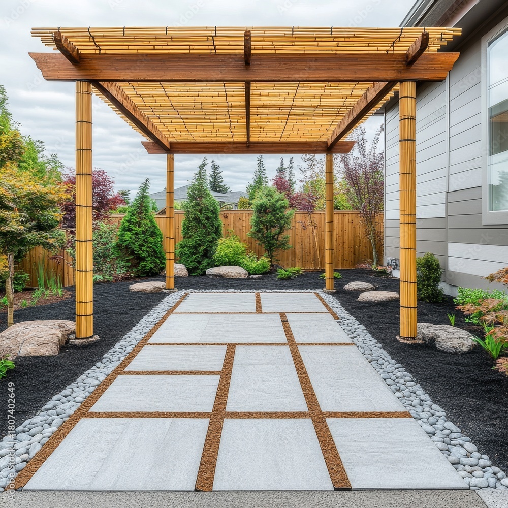 Fototapeta premium Modern Garden Path with Bamboo Pergola Pavers, Rocks and Landscape, backyard , design