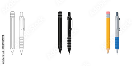 Three styles vector set line art, silhouette and color version three stacks of square sheets in different styles