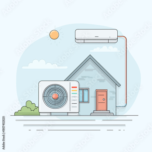 Illustration of a heat pump system installed on a house exterior