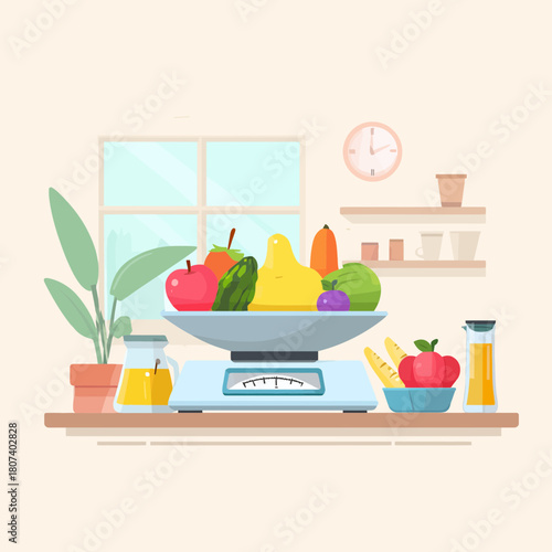 Fresh fruits and vegetables on a scale in the kitchen
