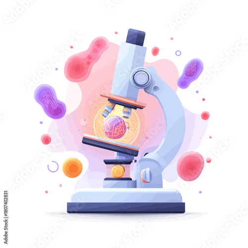 Illustration of a microscope examining biological cells