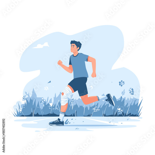 Injured runner with knee bandage jogging on a pathway