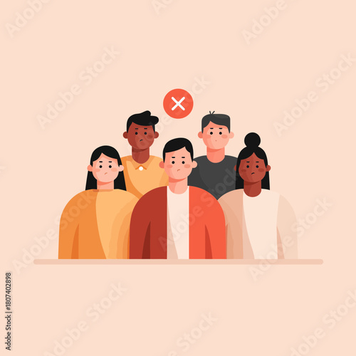 Group of diverse people with a cancel icon in flat design