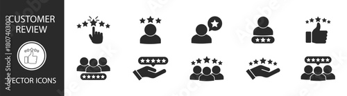 Five-star rating and review icon set with client satisfaction, positive feedback, quality and success symbols on transparent background
