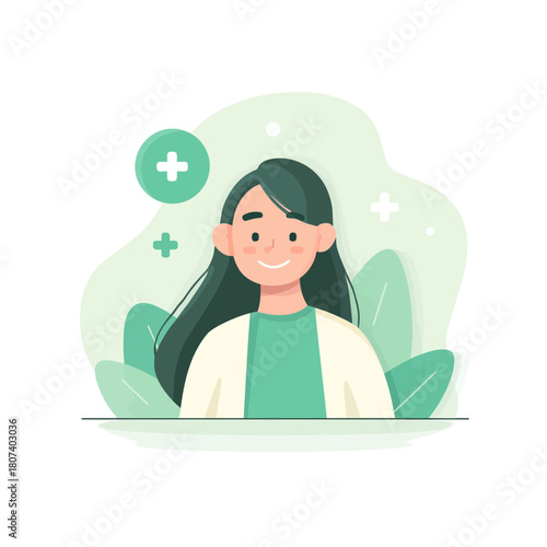 Smiling woman in vector illustration with a health plus icon