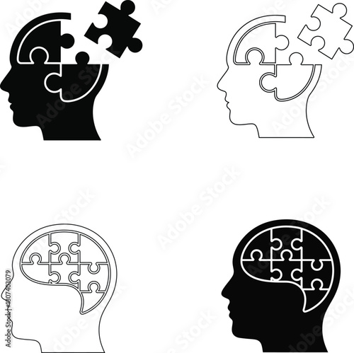 Puzzle Head Icon Set Mind Intelligence Thinking Brain Pieces Connected Psychology Cognitive Concept Vector PNG