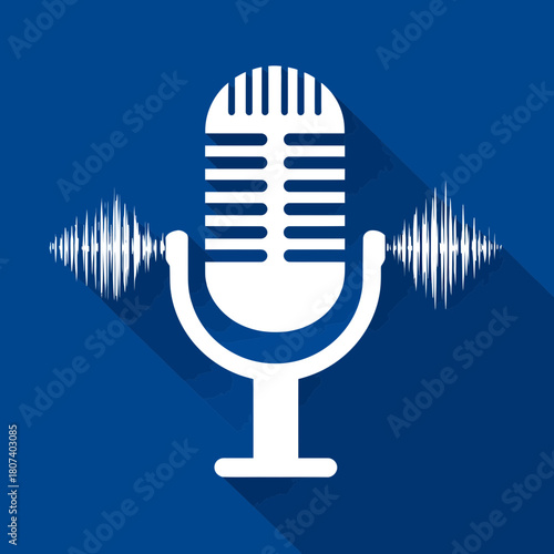 White Microphone with Sound Waves on Blue Background