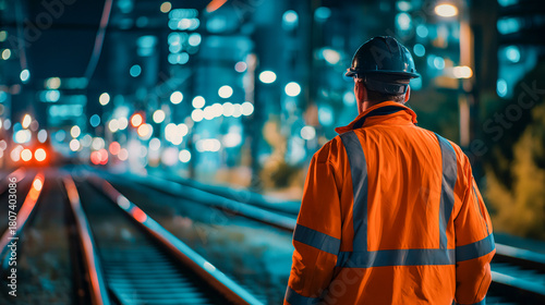 Railway safety engineer in orange hi vis jacket stands on track at night, illuminated by city lights, ensuring transportation safety with focused, professional attention to detail