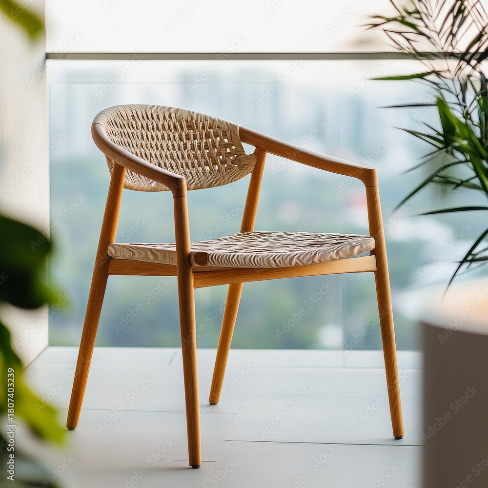 Obraz premium Modern Woven Chair on Balcony with City View, Furniture , Home Decor