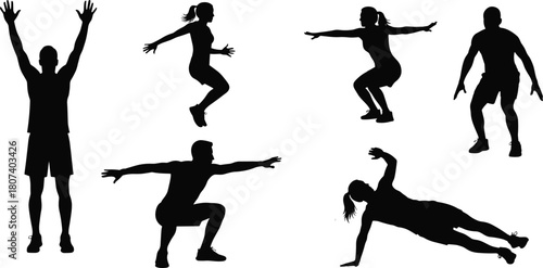 Fitness silhouette, exercise poses, bodyweight workout, black figure, squat position, jump movement, side plank, stretch posture, core training, motion study